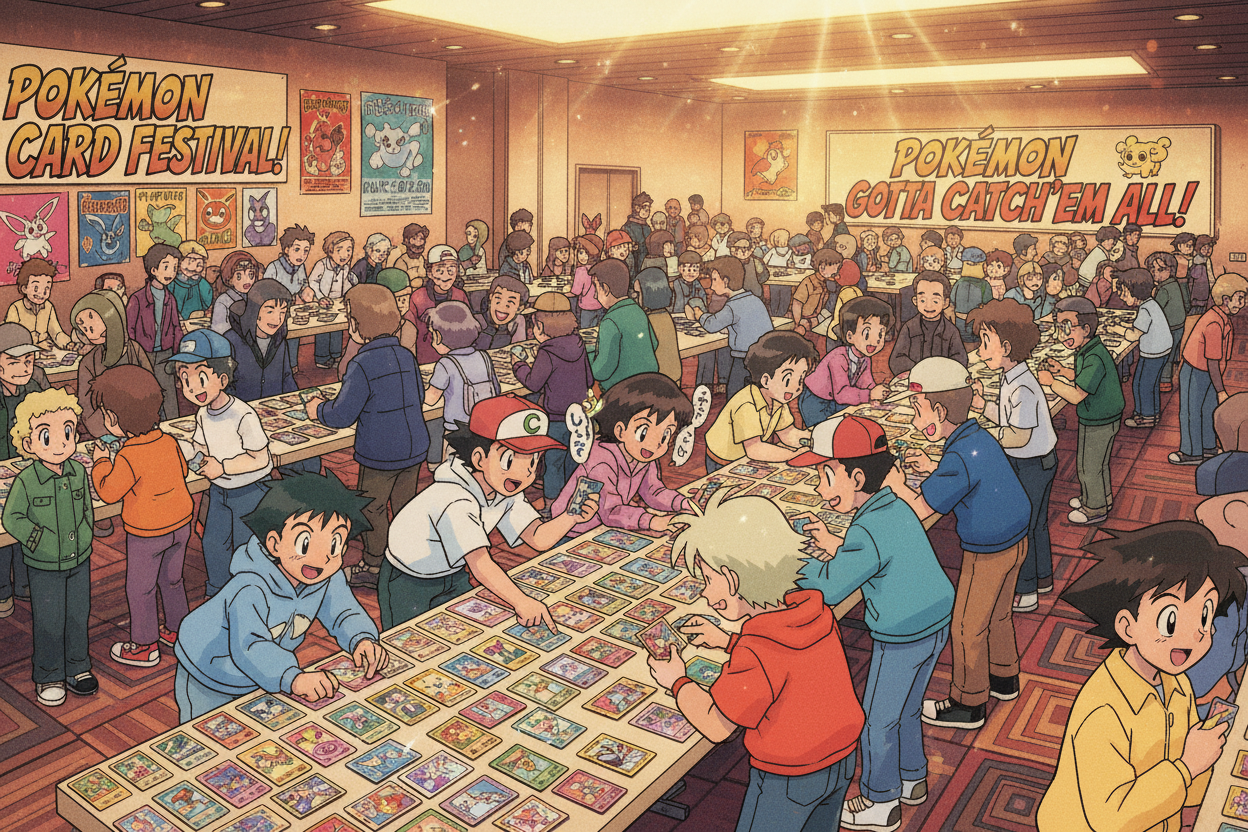 Card show in 1999 Pokemon anime style
